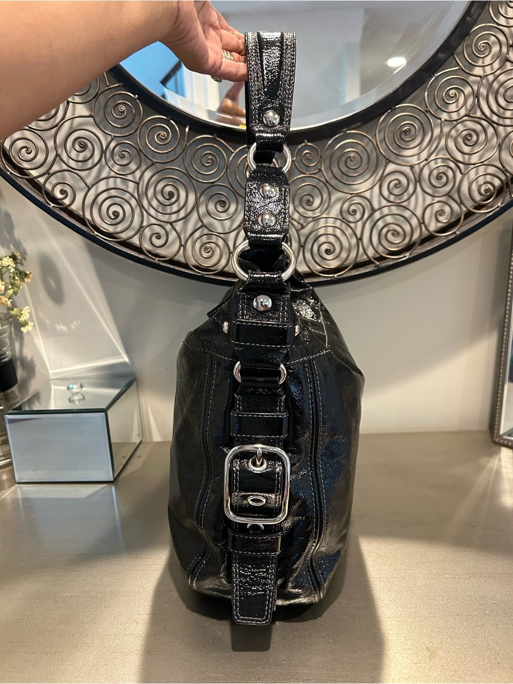 Coach Black Patent Leather Shoulder Bag with Silver Hardware - Picture 3 of 12